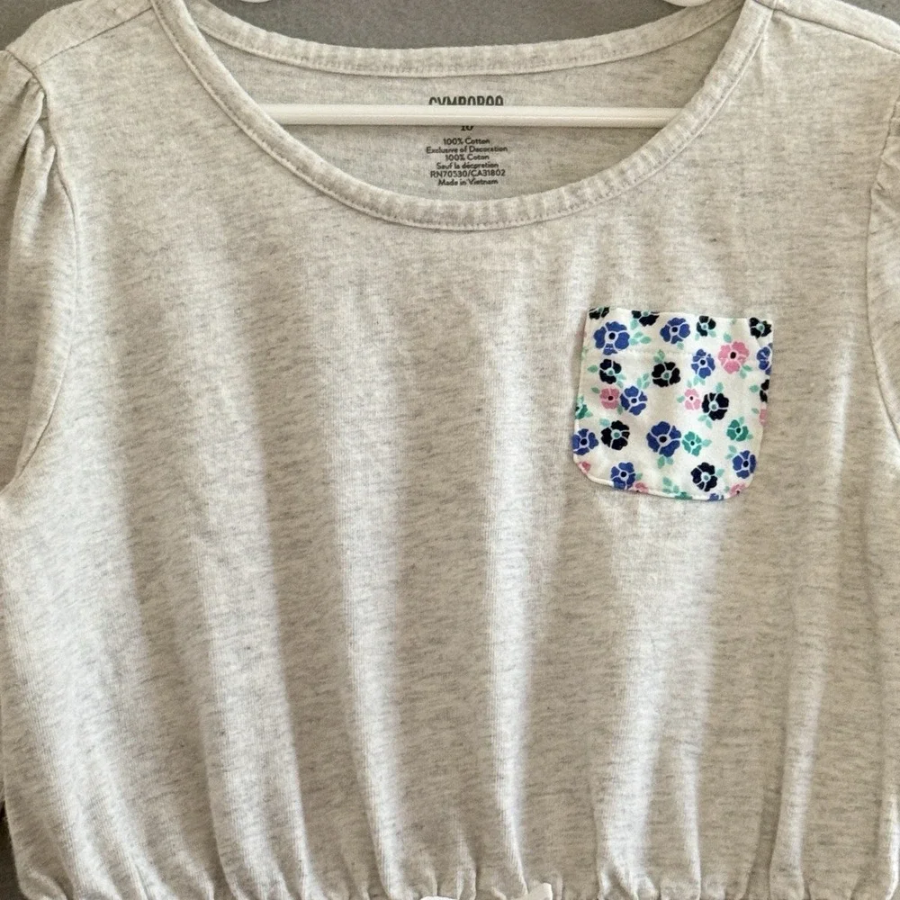 Gymboree Girls Tunic Dress Heather Grey, Pink Stripe Sleeve & Floral Pocket 10